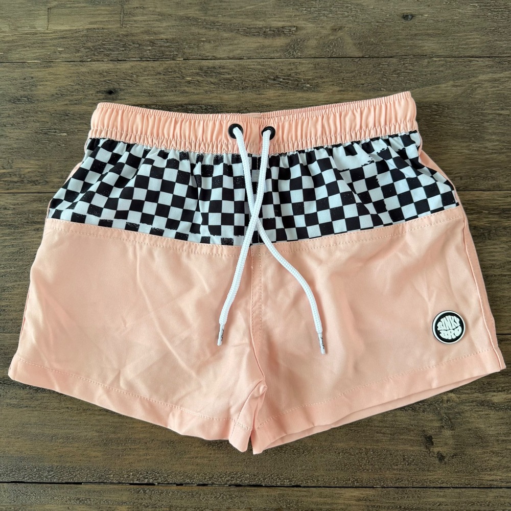 BinkyBro Boys Peach Pink Checkerboard Swim‎ Trunks Board Shorts Size 6-7 Years
